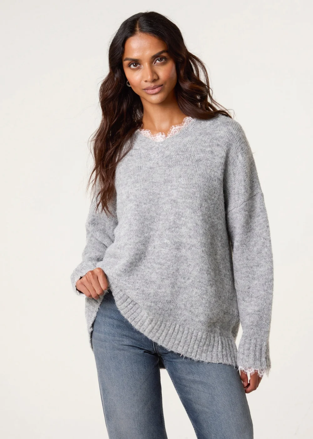 Blue Vanilla Grey Lace Trim V Neck Jumper - One Size Image 3