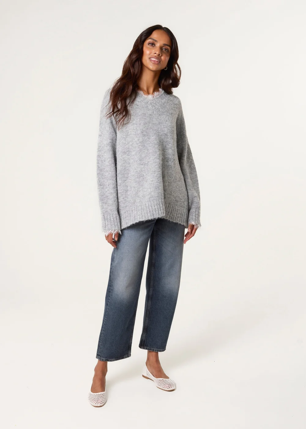 Blue Vanilla Grey Lace Trim V Neck Jumper - One Size Image 1