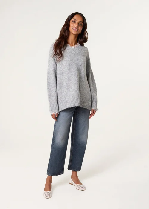 Blue Vanilla Grey Lace Trim V Neck Jumper - One Size Image 1