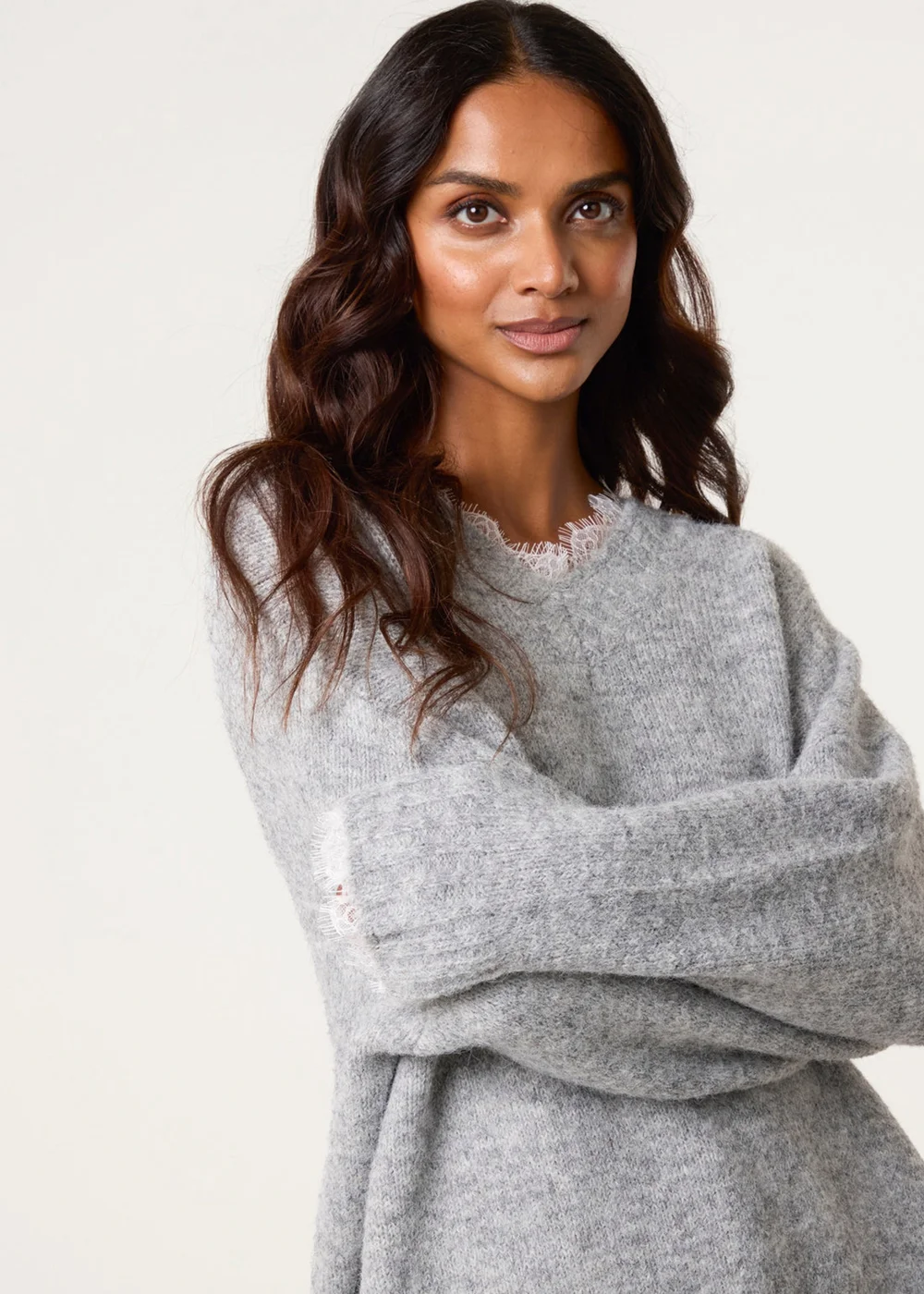 Blue Vanilla Grey Lace Trim V Neck Jumper - One Size Image 2