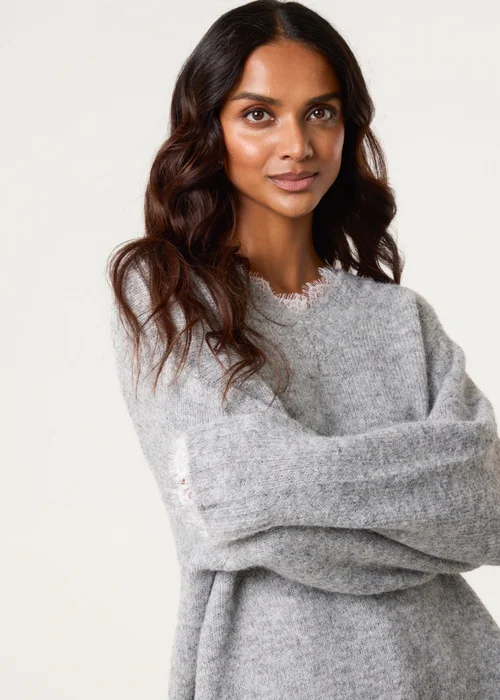 Blue Vanilla Grey Lace Trim V Neck Jumper - One Size Image 2