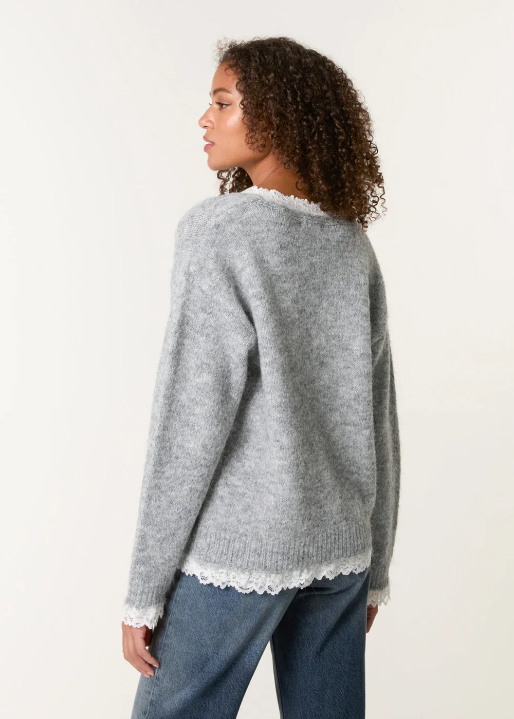 Blue Vanilla Grey Lace Trim Pussybow Jumper - S/M Image 4