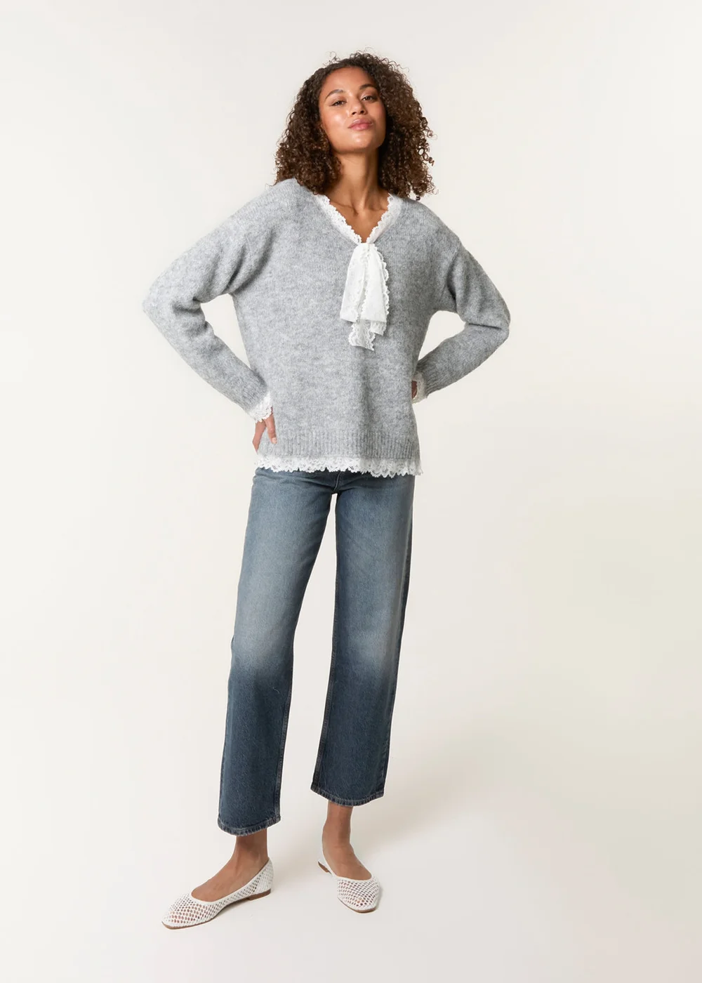Blue Vanilla Grey Lace Trim Pussybow Jumper - S/M Image 3