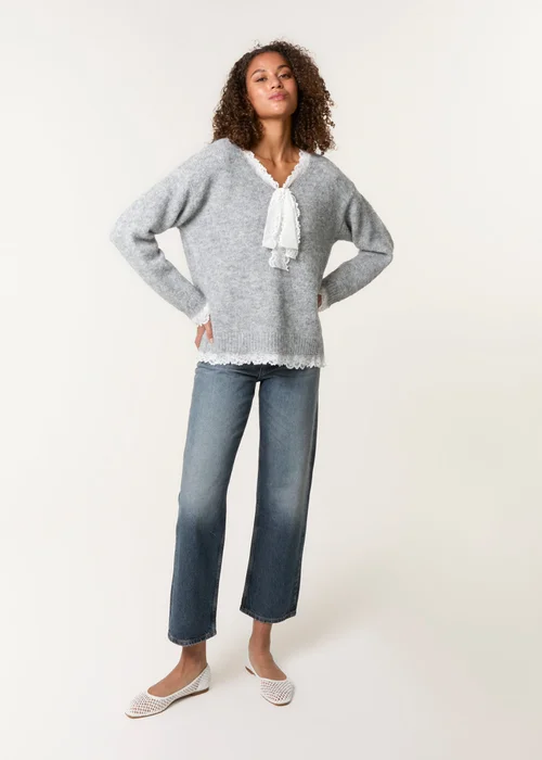 Blue Vanilla Grey Lace Trim Pussybow Jumper - S/M Image 3