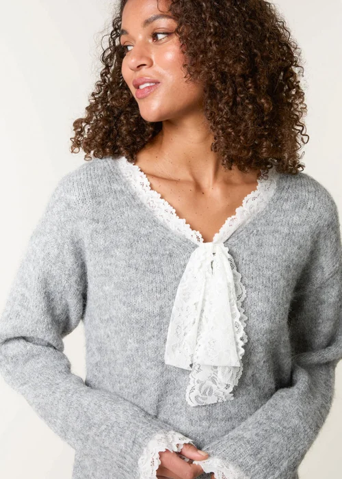 Blue Vanilla Grey Lace Trim Pussybow Jumper - S/M Image 2