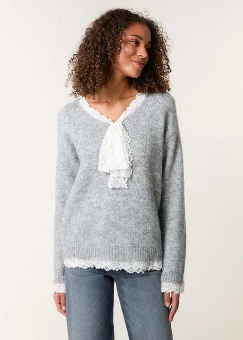 Blue Vanilla Grey Lace Trim Pussybow Jumper - S/M Image 1