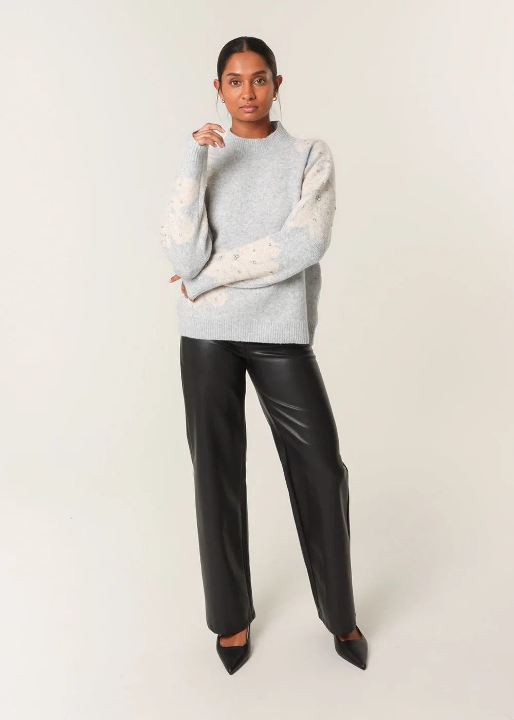 Blue Vanilla Grey Flower Diamante Detailed Knitted Jumper - S/M Image 3