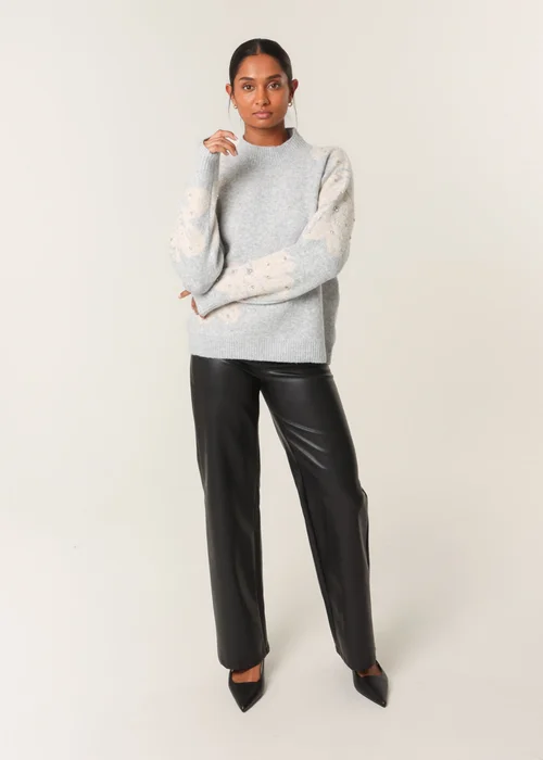 Blue Vanilla Grey Flower Diamante Detailed Knitted Jumper - S/M Image 3