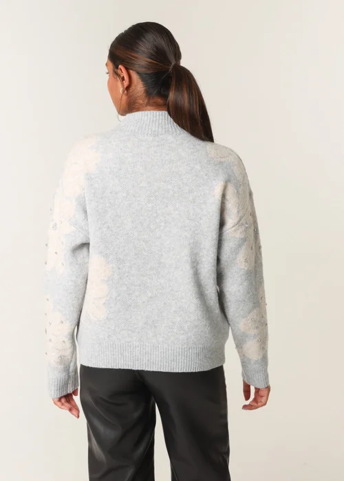Blue Vanilla Grey Flower Diamante Detailed Knitted Jumper - S/M Image 4