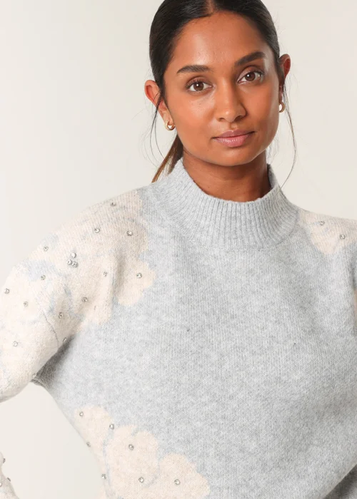 Blue Vanilla Grey Flower Diamante Detailed Knitted Jumper - S/M Image 2