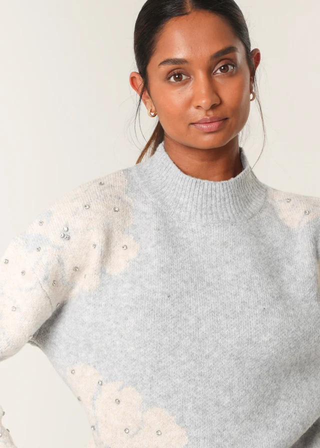Blue Vanilla Grey Flower Diamante Detailed Knitted Jumper