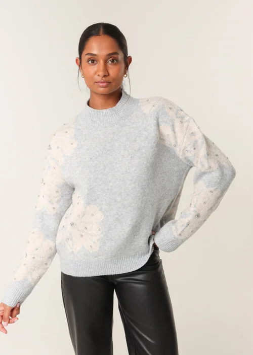 Blue Vanilla Grey Flower Diamante Detailed Knitted Jumper - S/M Image 1