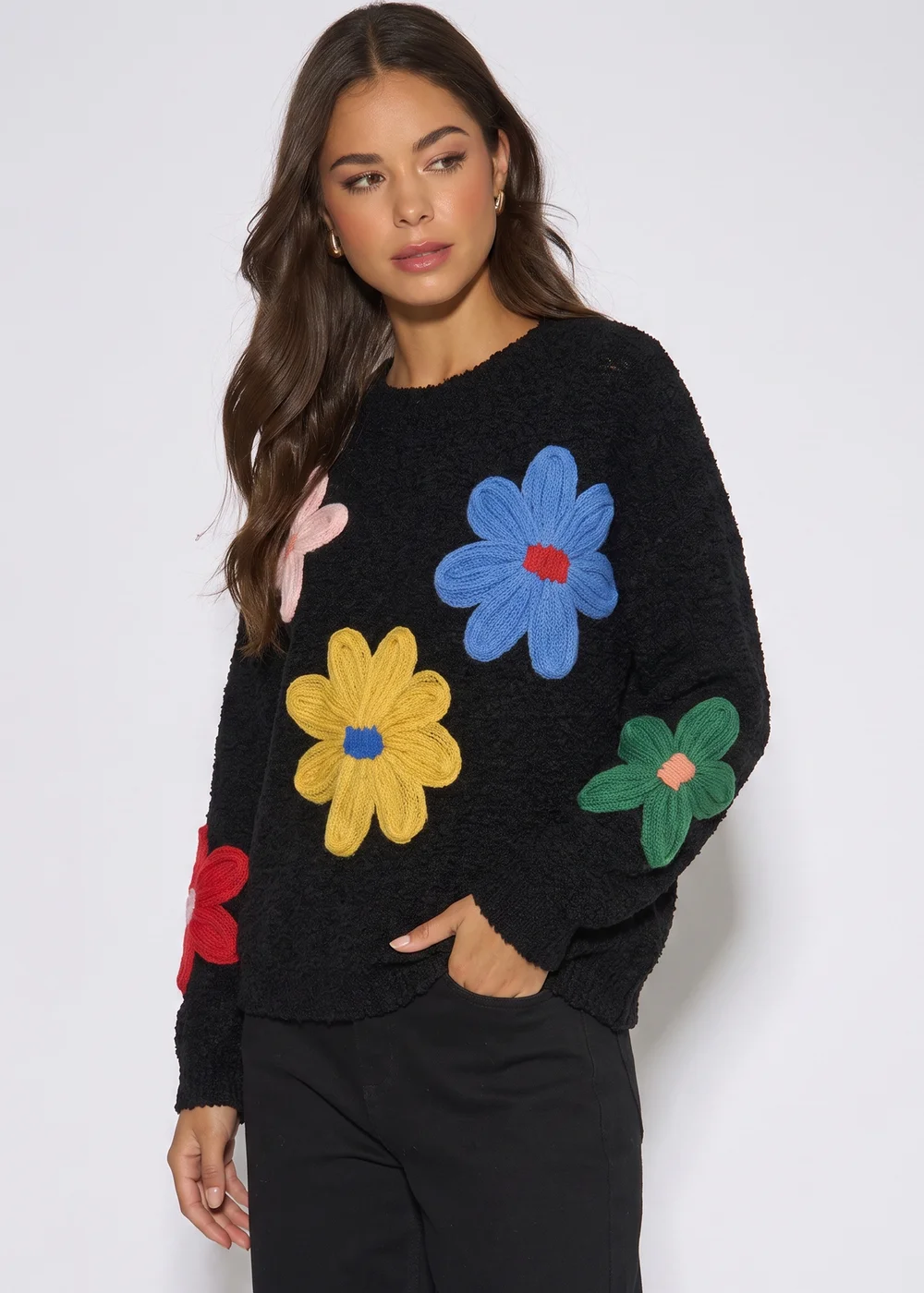 Gini London Black Floral Crochet Chunky Knit Oversized Jumper - L/XL Image 3