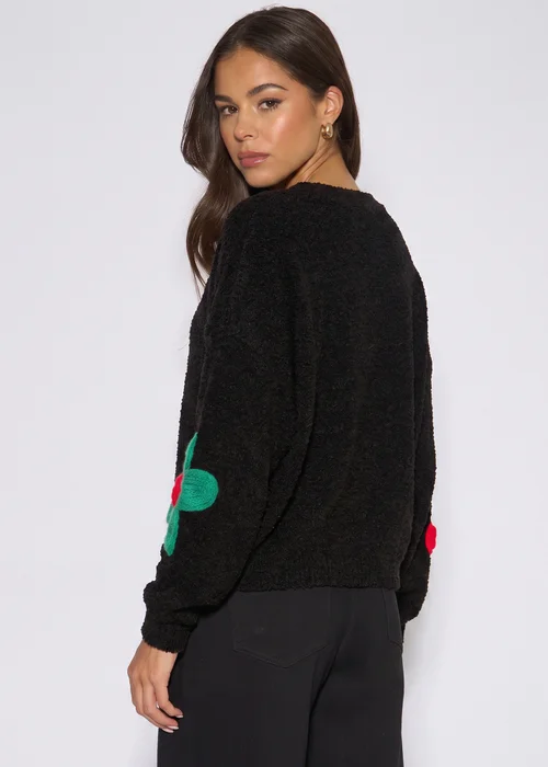 Gini London Black Floral Crochet Chunky Knit Oversized Jumper - L/XL Image 2