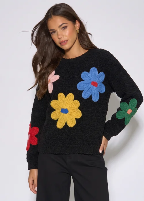 Gini London Black Floral Crochet Chunky Knit Oversized Jumper - L/XL Image 1