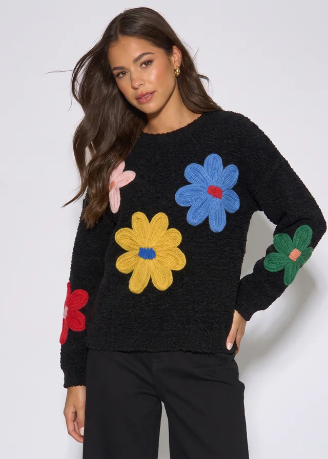 Gini London Black Floral Crochet Chunky Knit Oversized Jumper