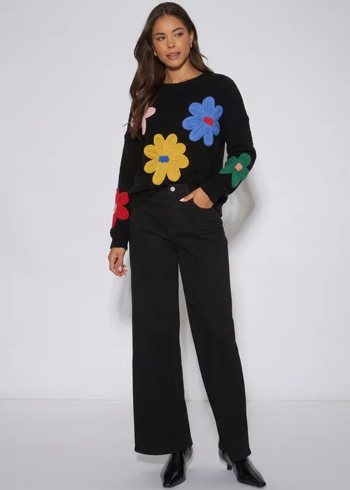 Gini London Black Floral Crochet Chunky Knit Oversized Jumper - L/XL Image 4