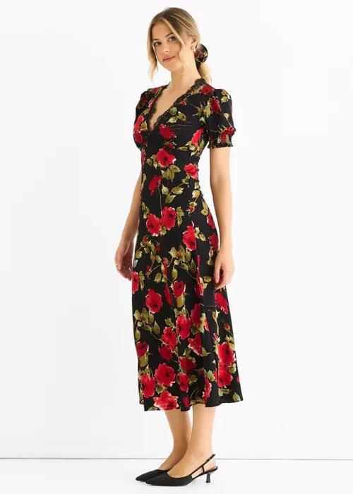 Gini London Black Floral Lace Trim Detail Midi Dress - 12 Image 4