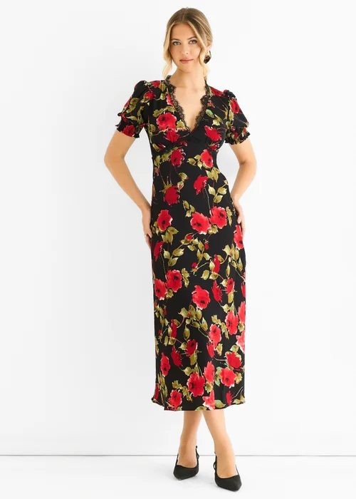 Gini London Black Floral Lace Trim Detail Midi Dress - 12 Image 1