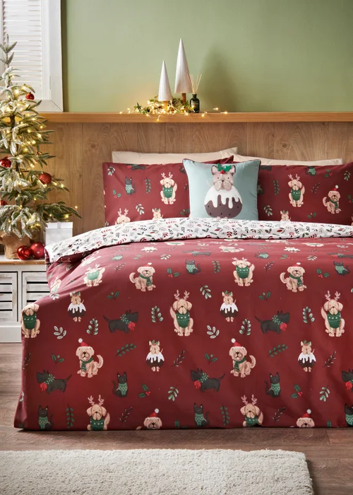 Red Christmas Dog Duvet Set - Single Image 1