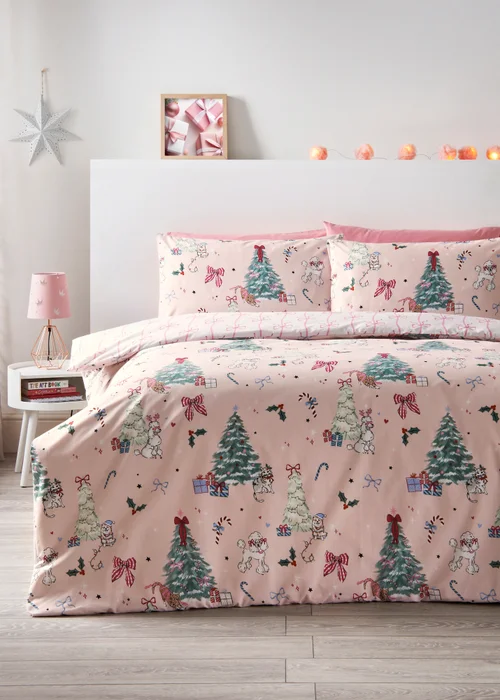 Pink Christmas Dog Scene Duvet Set - Single Image 1