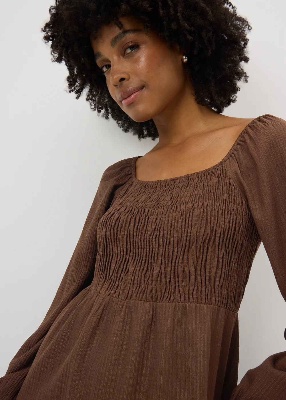 brown shirred midi dress Women | Brown