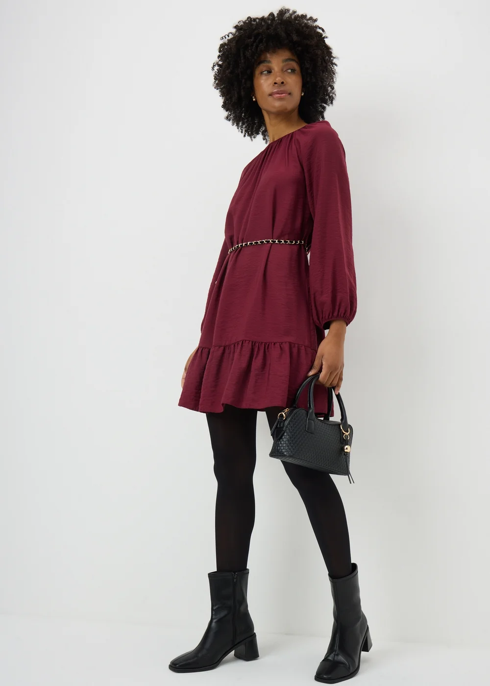 burgundy high neck mini dress Vila Tie Waist High Neck Knit Mini dress in burgundy-Red
