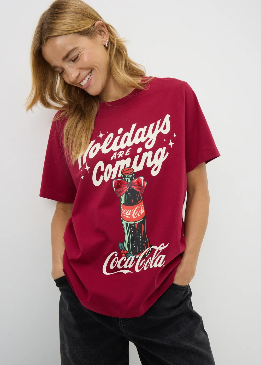 Coca Cola Burgundy Christmas T Shirt - S Image 1
