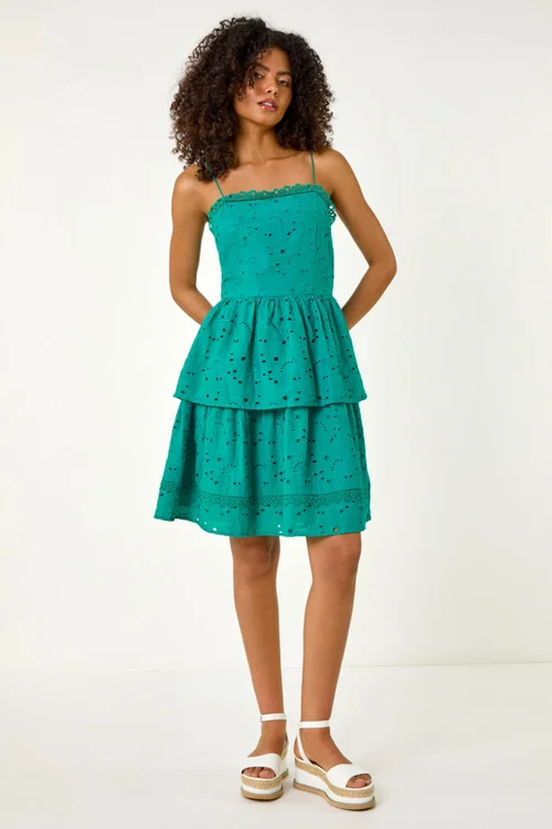 Dusk Teal Tiered Broderie Dress - Size 14 Clothing Image 3
