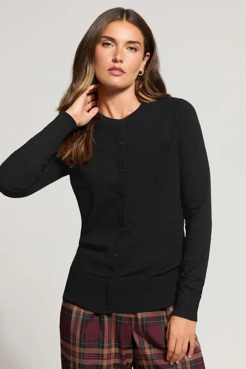 Long Tall Sally Black Crew Neck Button Cardigan - 18-20 Image 1