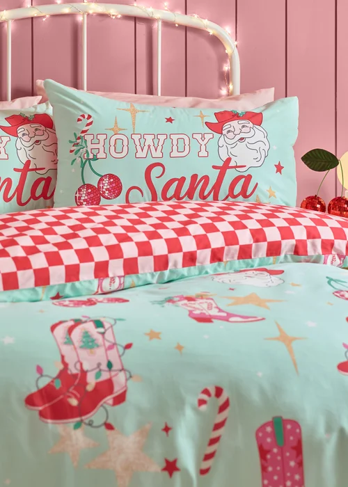 Catherine Lansfield Green Santa's Howdy Christmas Reversible Duvet Cover Set - Single Image 3