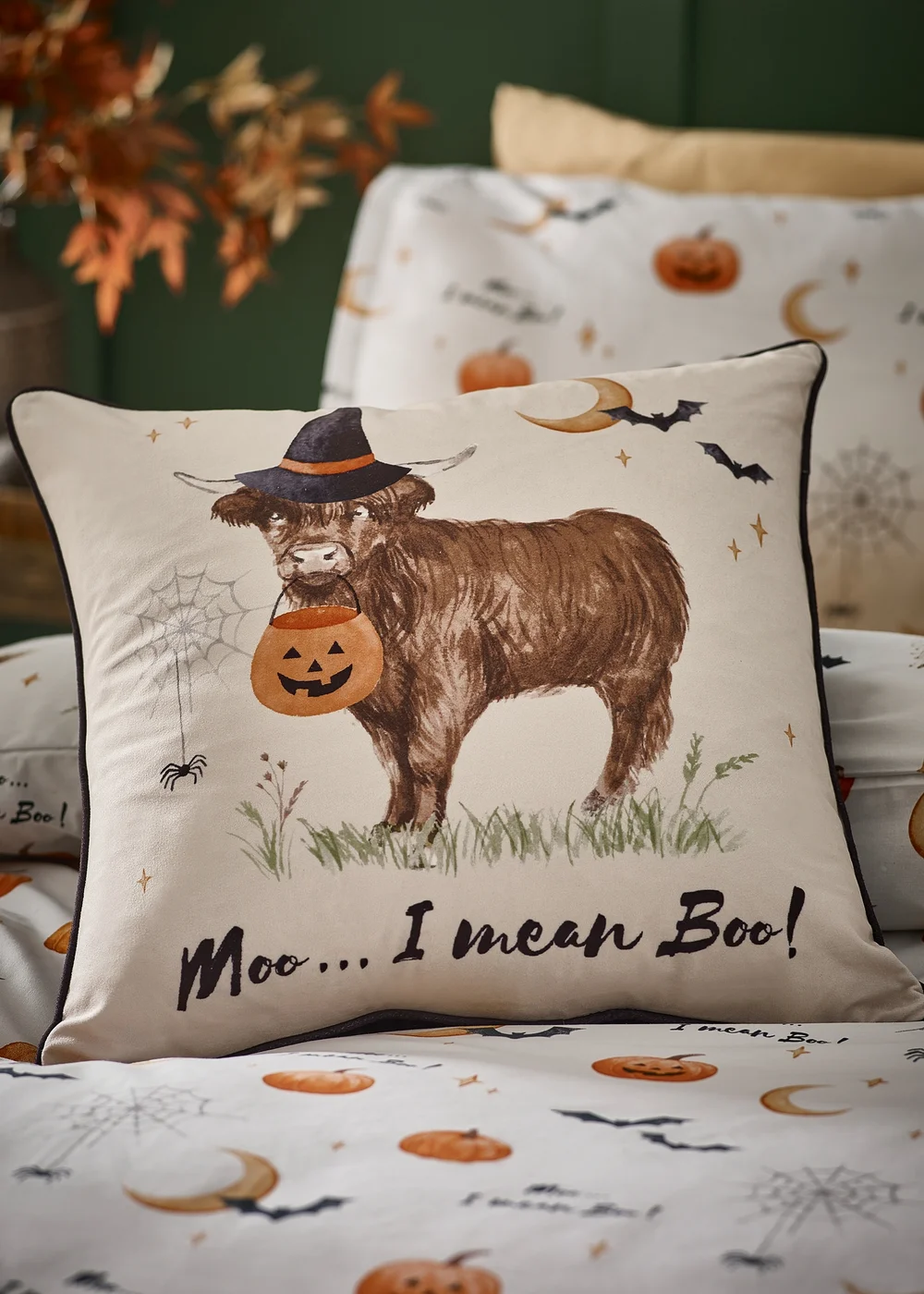 Catherine Lansfield Natural Halloween Highland Cow Soft Touch Cushion - 45cm x 45cm Image 1