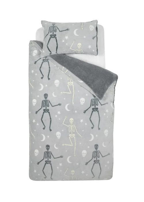 Catherine Lansfield Grey Halloween Skeleton Fleece Glow in the Dark Duvet Cover Set - Single Image 5
