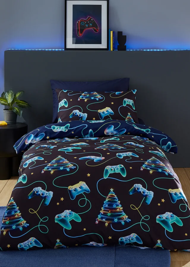 Catherine Lansfield Navy Christmas Gamer So Soft Reversible Duvet Cover Set