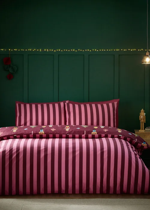 Catherine Lansfield Plum Christmas Nutcracker Stripe Reversible Duvet Cover Set - Single Image 2