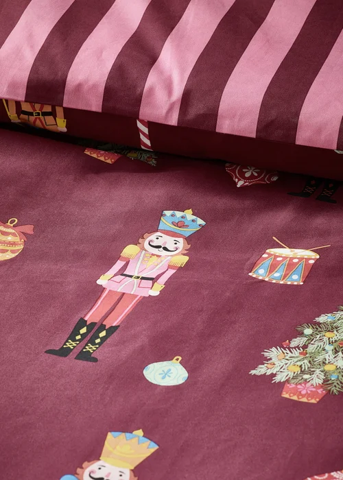 Catherine Lansfield Plum Christmas Nutcracker Stripe Reversible Duvet Cover Set - Single Image 4
