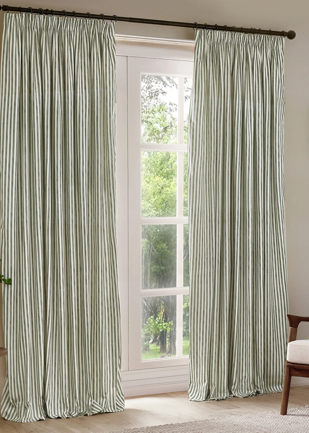 Yard Hebden Stripe Cotton Pencil Pleat Curtains Forest - 46W X 54D (117x137cm Image 2