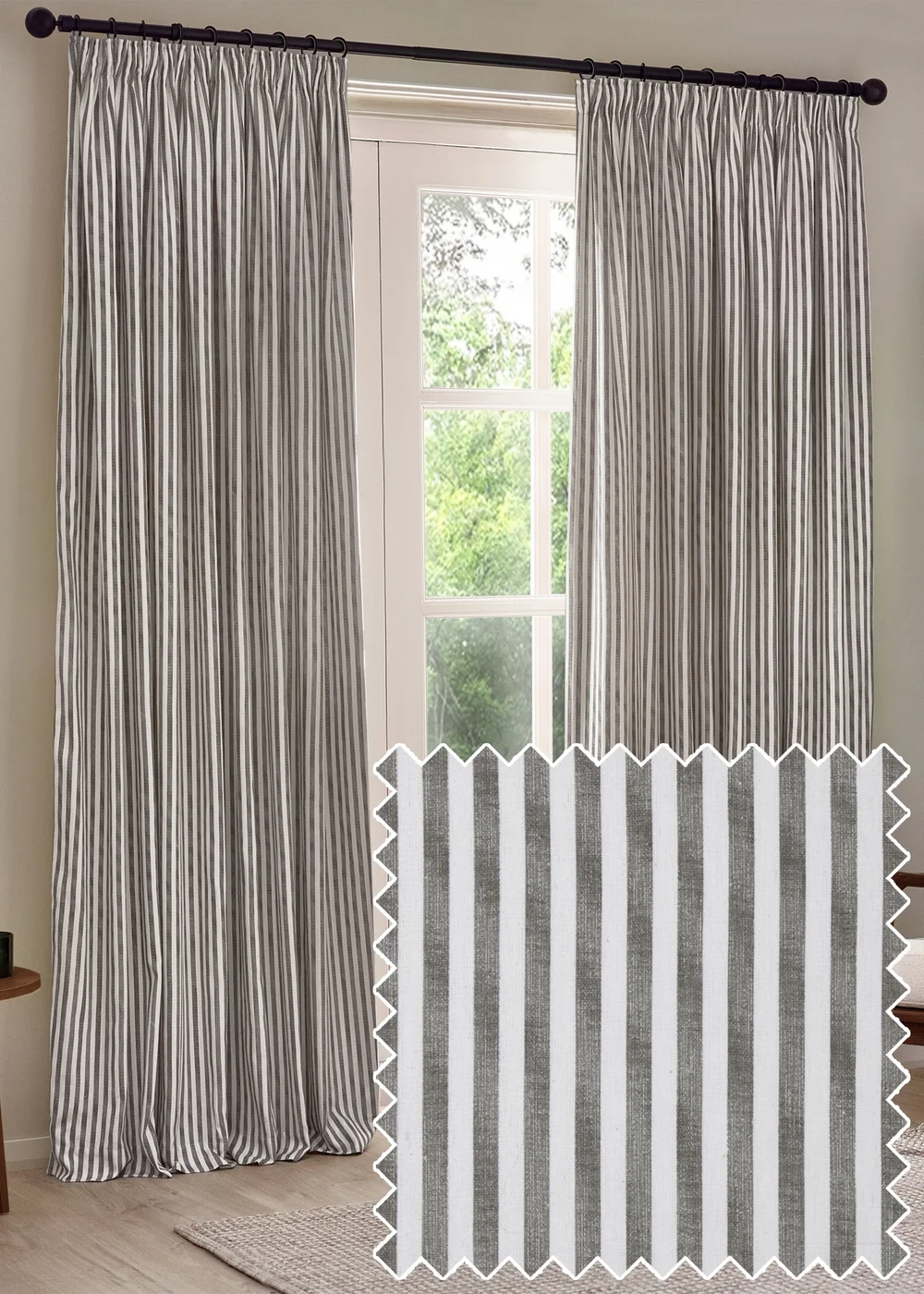 Yard Hebden Stripe Cotton Pencil Pleat Curtains Grey - 46W X 54D (117x137cm Image 1
