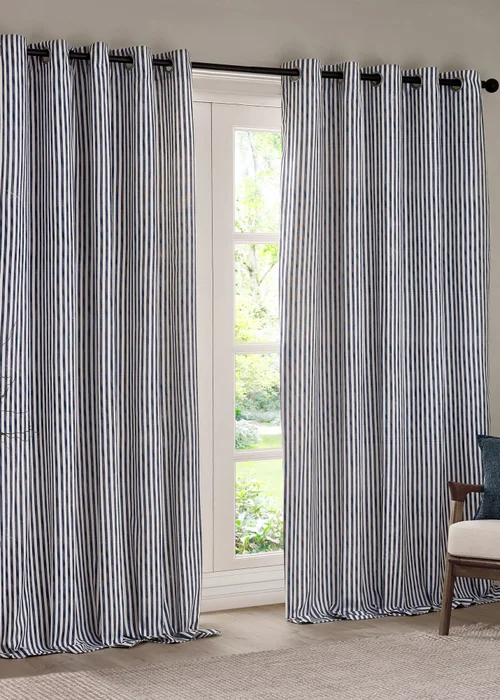 Yard Hebden Stripe Cotton Eylet Curtains Navy - 46W X 54D (117x137cm Image 2