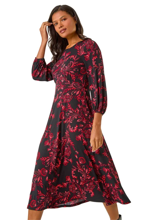 Roman Red Floral A-Line Midi Dress - 16 Image 1