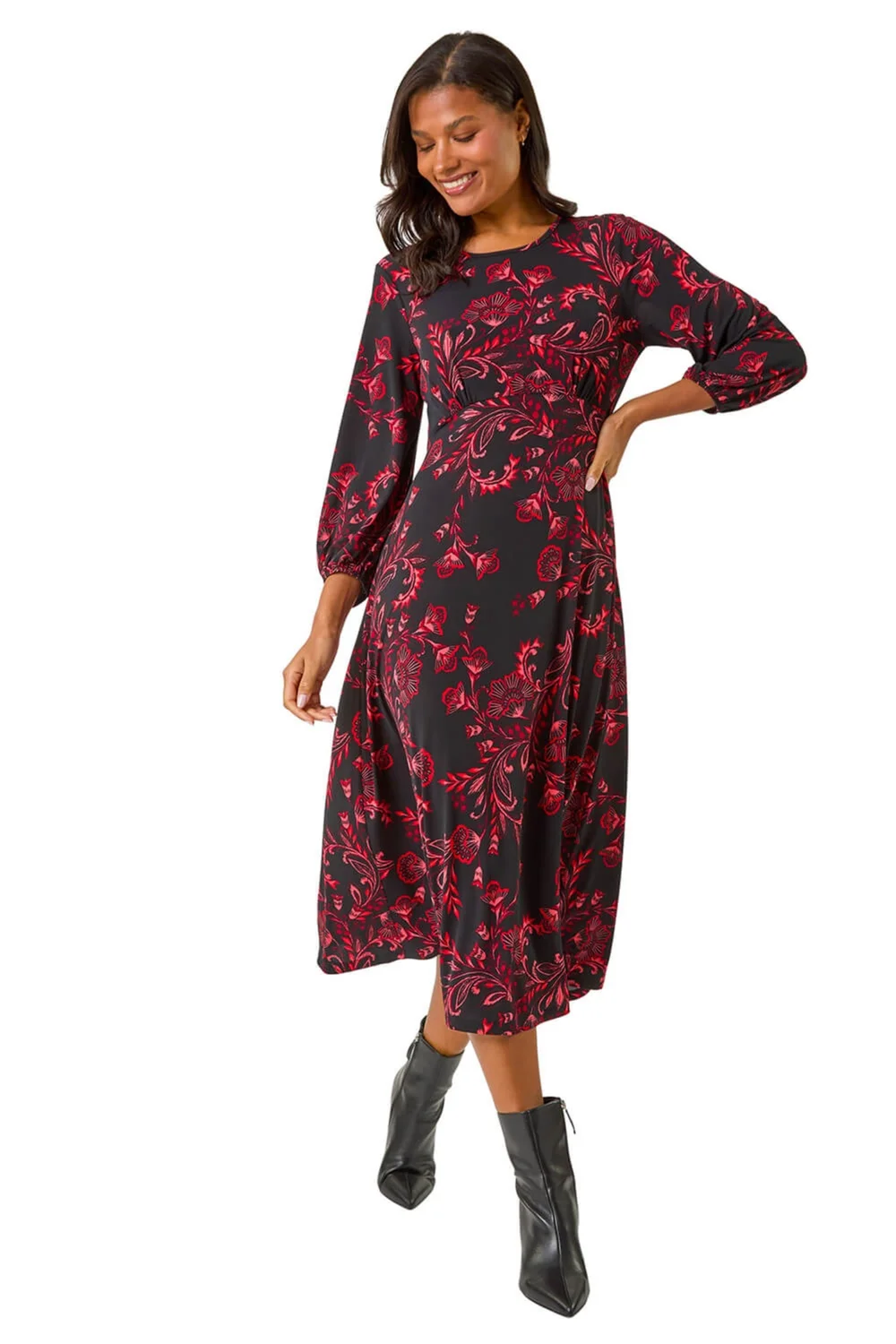 Roman Red Floral A-Line Midi Dress - 16 Image 2