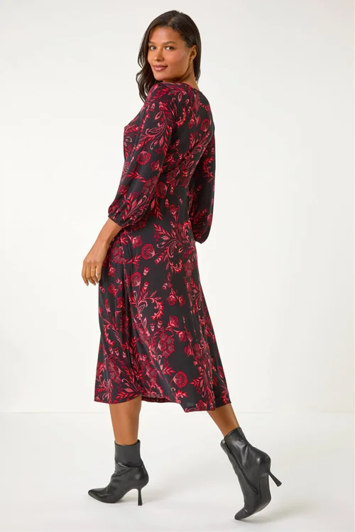 Roman Red Floral A-Line Midi Dress - 16 Image 4