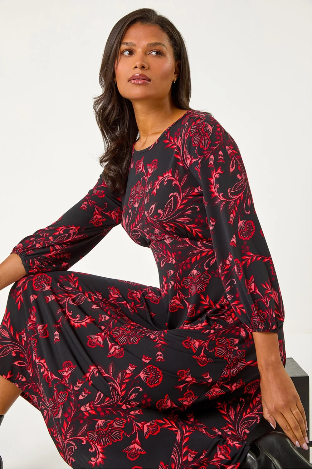 Roman Red Floral A-Line Midi Dress - 16 Image 3