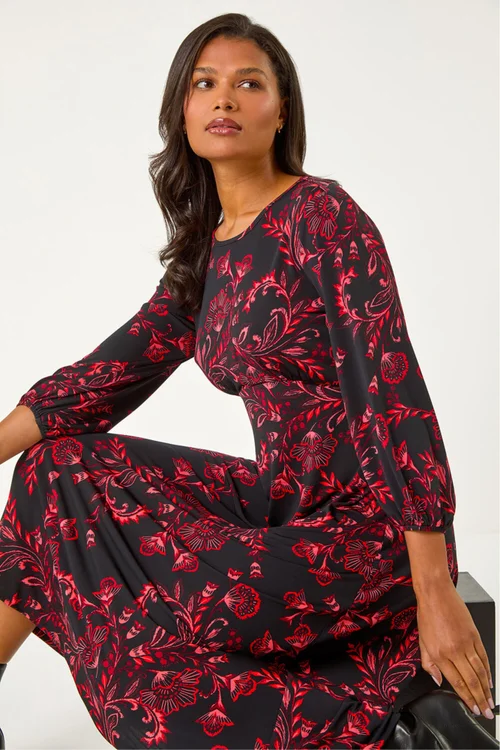 Roman Red Floral A-Line Midi Dress - 16 Image 3