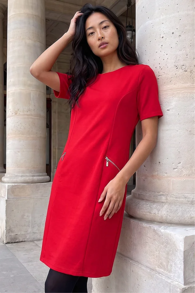 Roman Red Petite Zip Detail Pocket Shift Dress