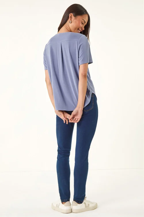 Roman Blue Petite V-Neck Buttoned Blouse - 12 Image 3