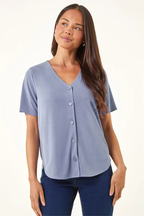 Roman Blue Petite V-Neck Buttoned Blouse - 12 Image 4