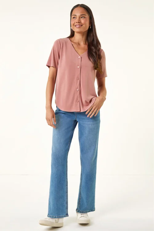 Roman Pink Petite V-Neck Buttoned Blouse - 16 Image 2