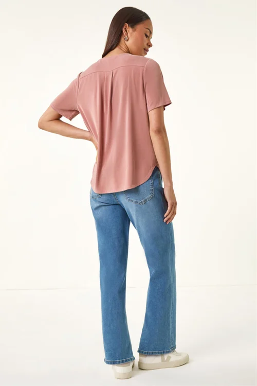 Roman Pink Petite V-Neck Buttoned Blouse - 16 Image 3