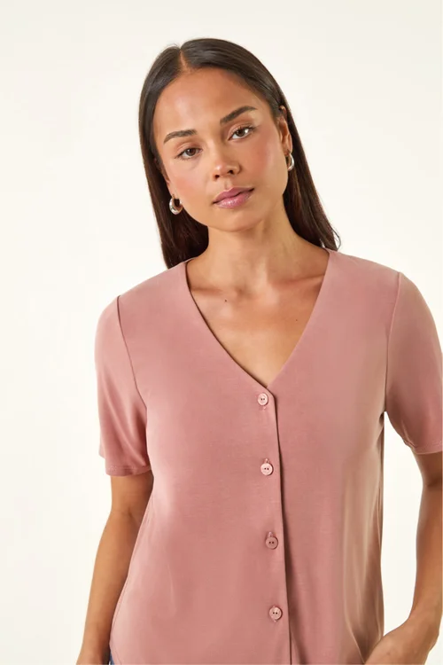 Roman Pink Petite V-Neck Buttoned Blouse - 16 Image 4